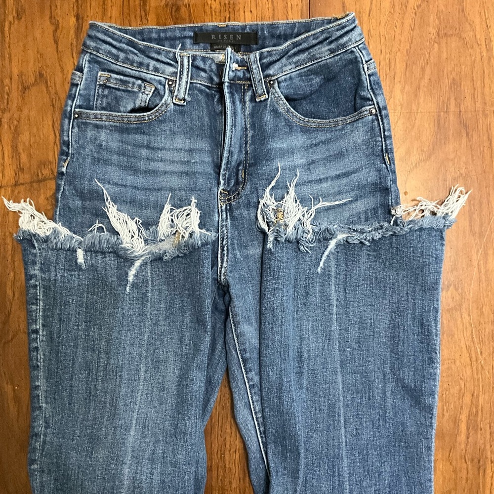 Risen Women's Flare Distressed Blue Jeans